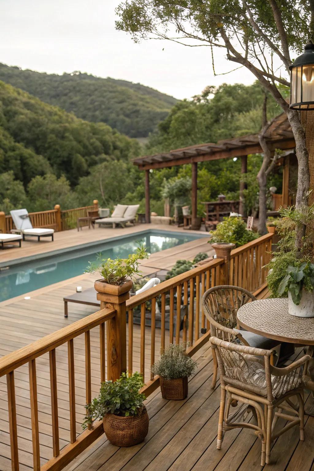 Wooden railings add warmth and rustic charm to your pool deck.