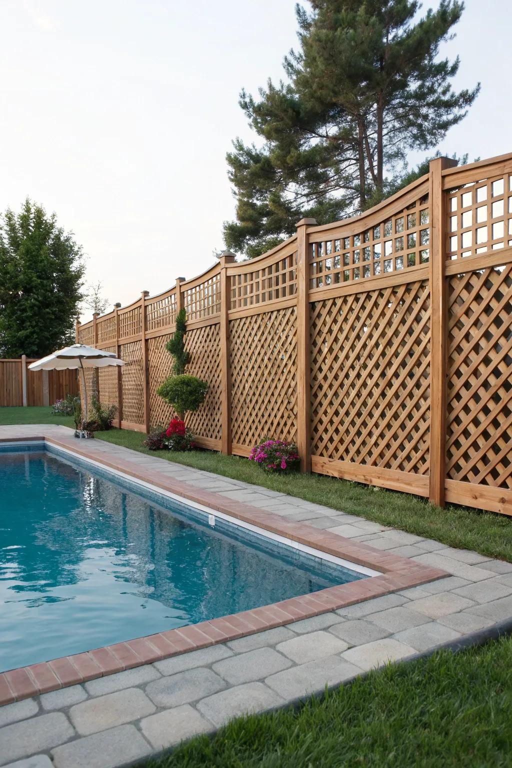 Charming and cozy with a lattice wood pool fence.