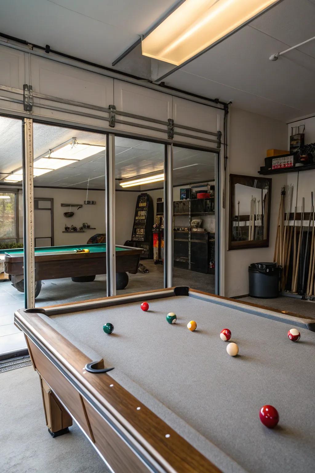 Mirrors enhance space and light, adding depth to your garage game room.