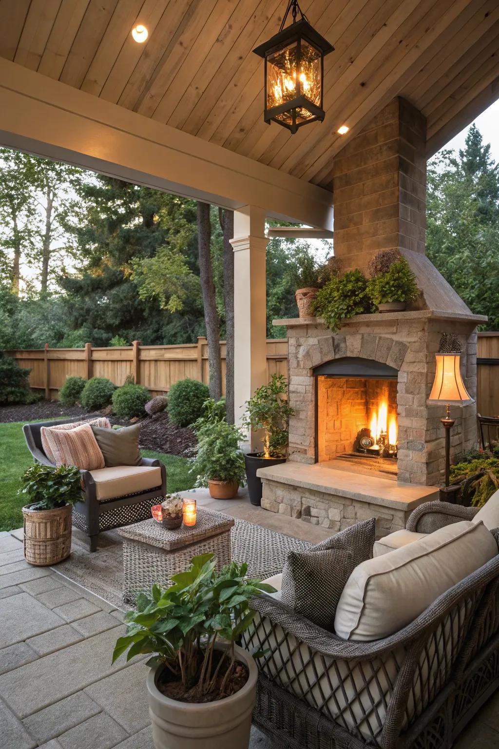 An outdoor fireplace transforms your porch into a cozy retreat.