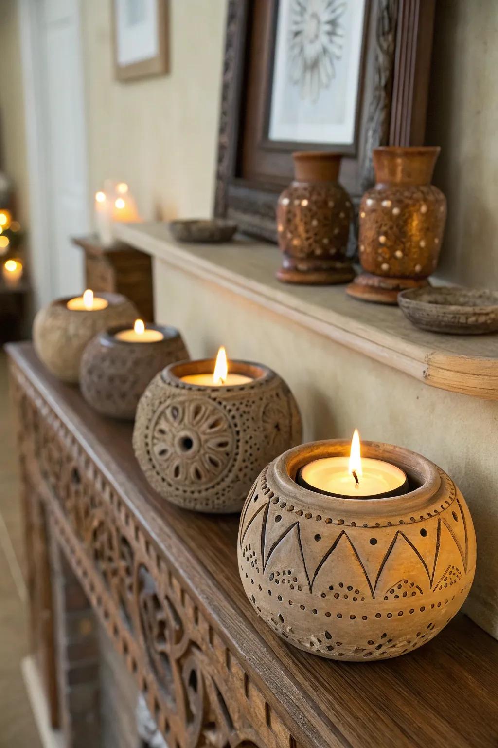 Handmade candle holders casting a cozy glow.