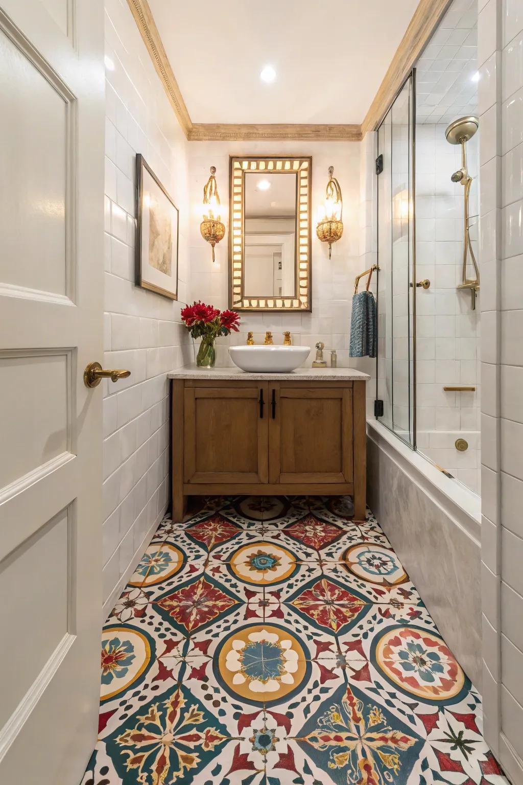 A bold floor design can make a striking impact in your powder room.