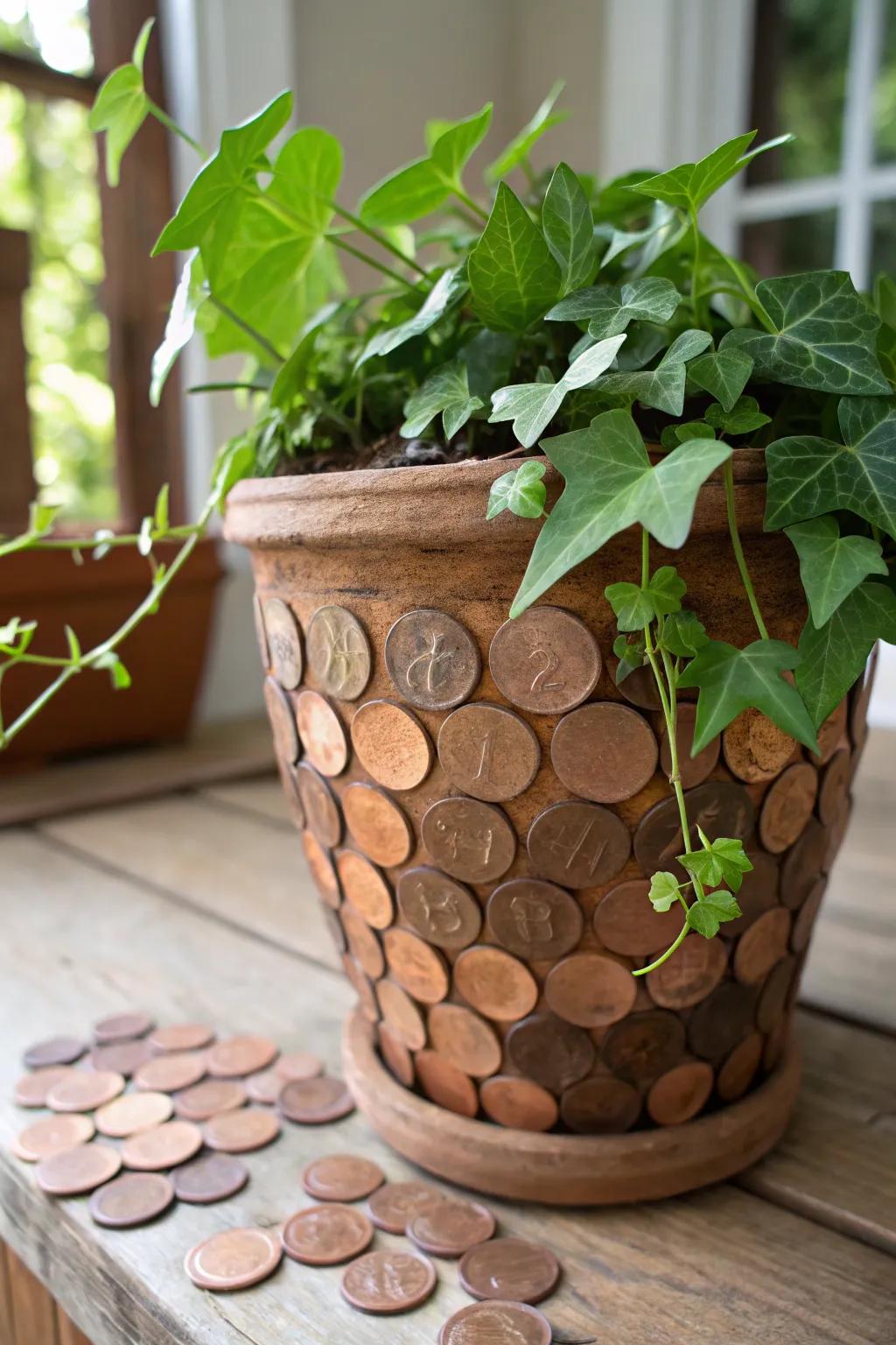 A penny planter adds texture and shine to your garden.