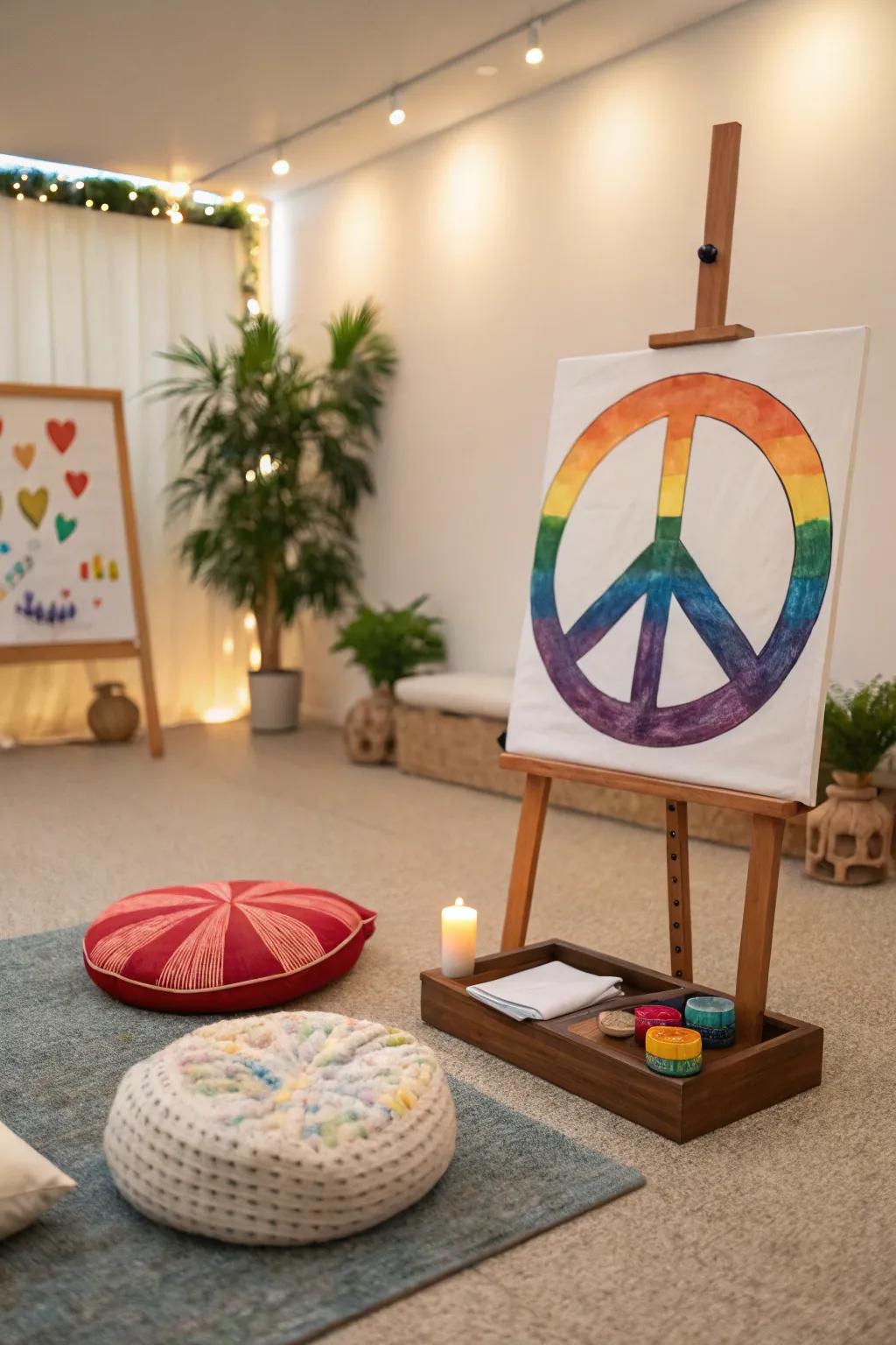 A rainbow peace symbol spreading love and harmony in a meditation corner.