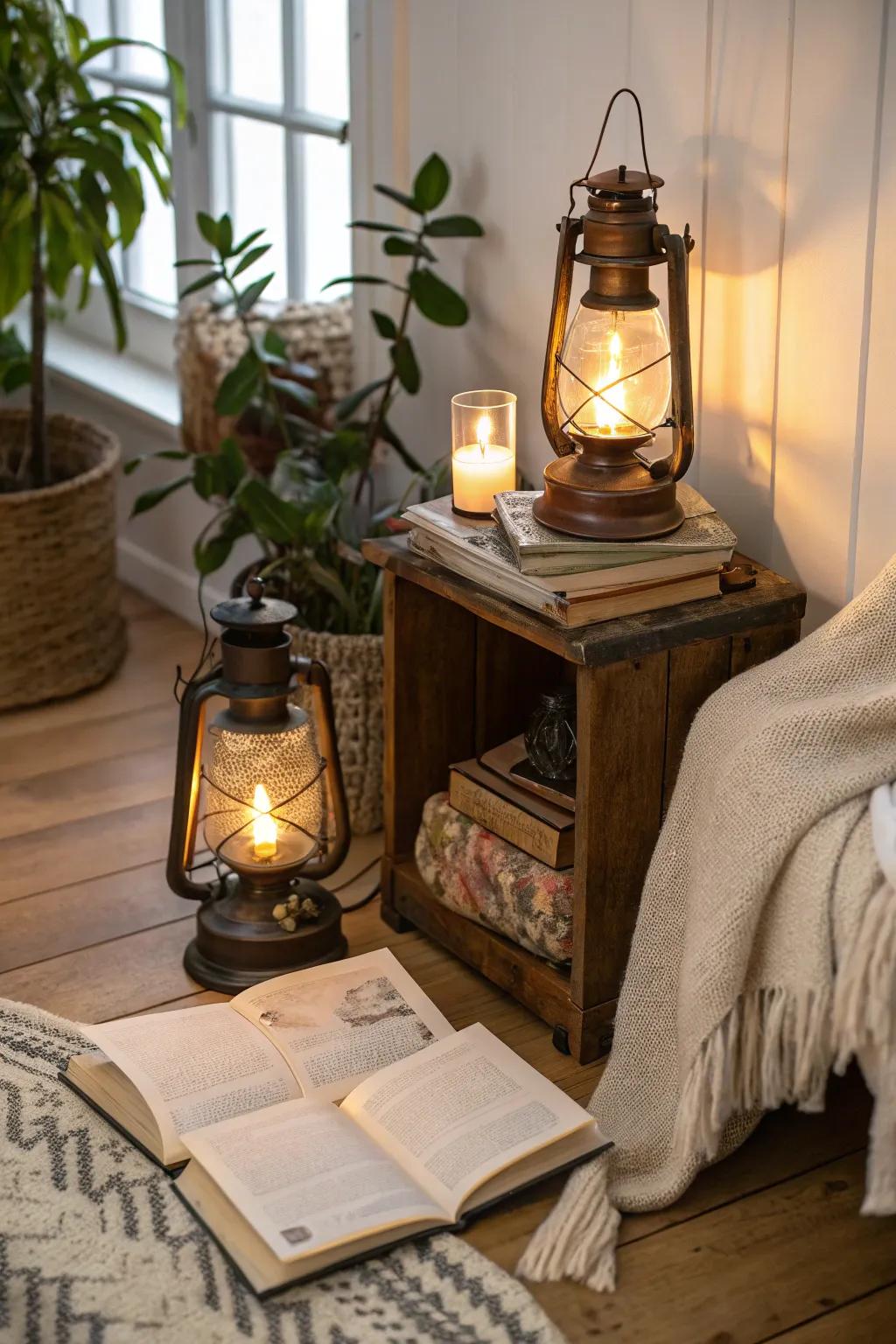 Vintage oil lamps creating an enchanting atmosphere in a cozy nook.