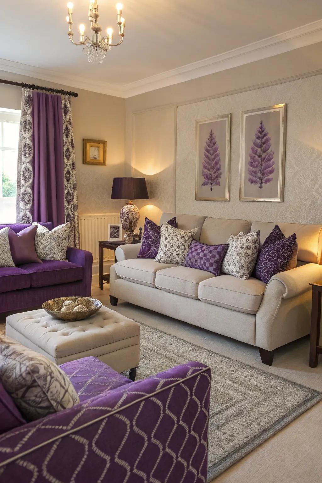 Mixing purple with neutrals achieves balance.