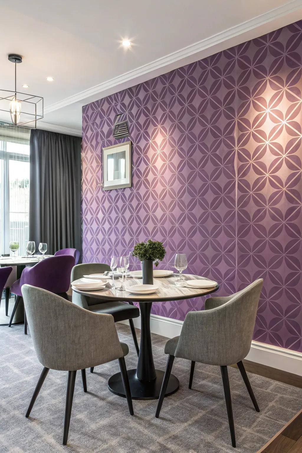 Purple geometric patterns add a modern and artistic flair to the dining room.