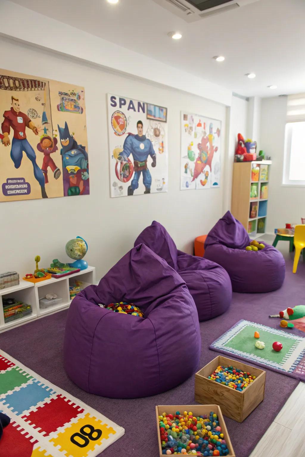 Purple bean bag chairs offer flexible seating.