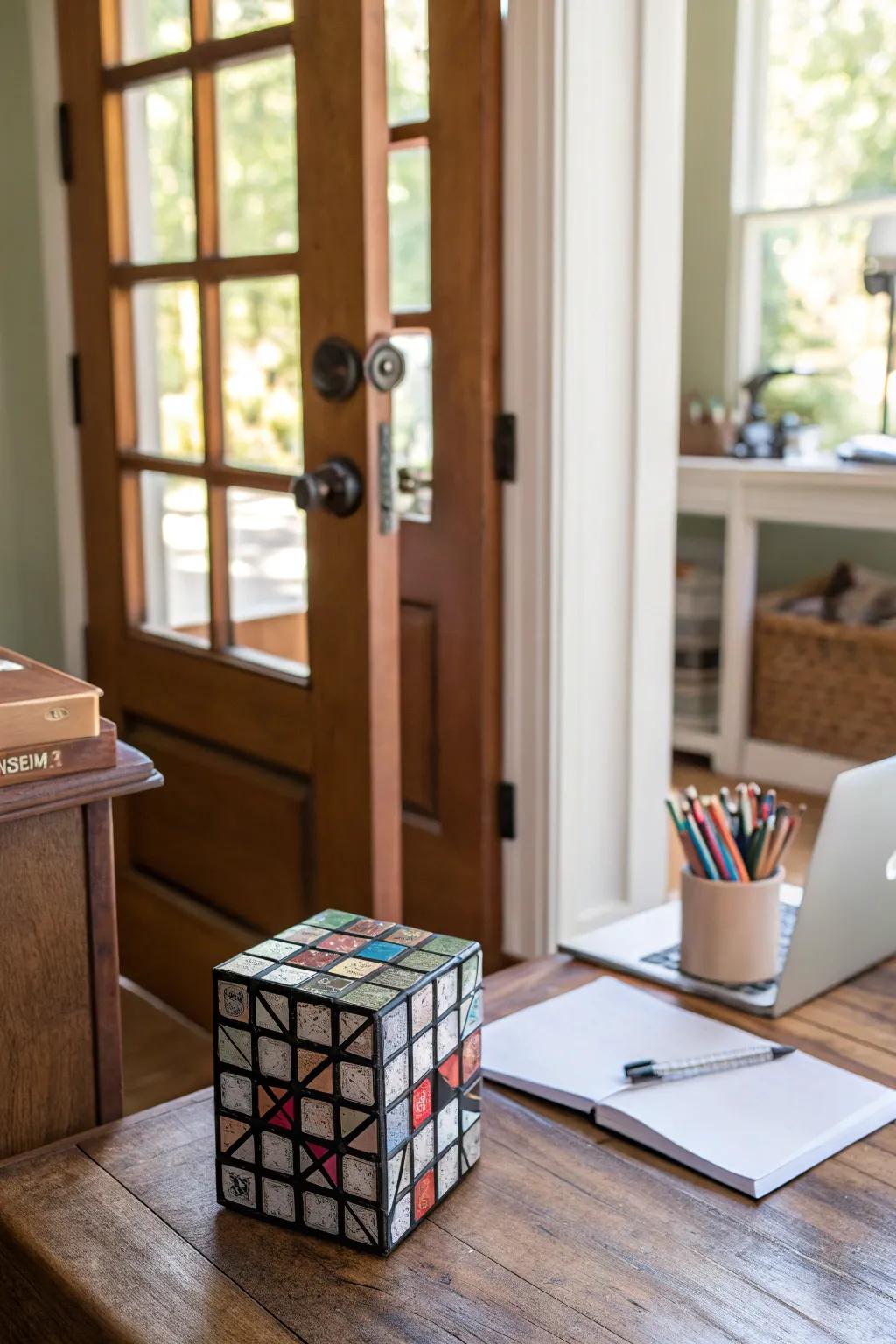 A puzzle cube doorstop combines functionality with style.