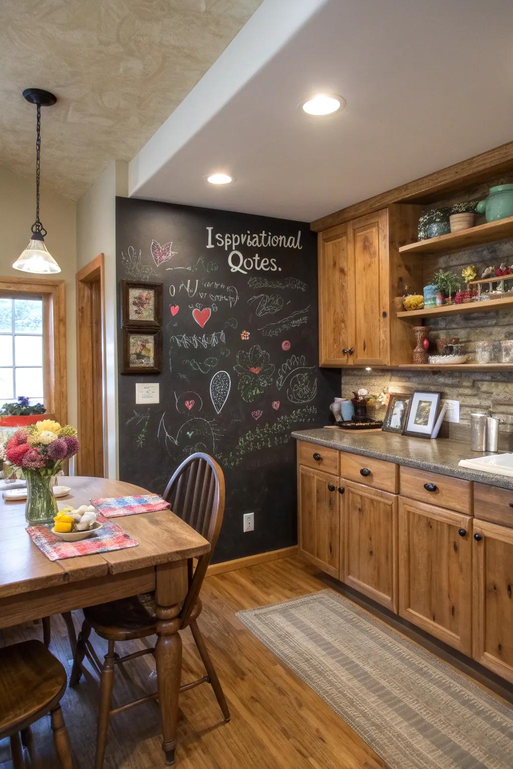 A kitchen with a chalkboard wall, offering a versatile space for changing quotes.