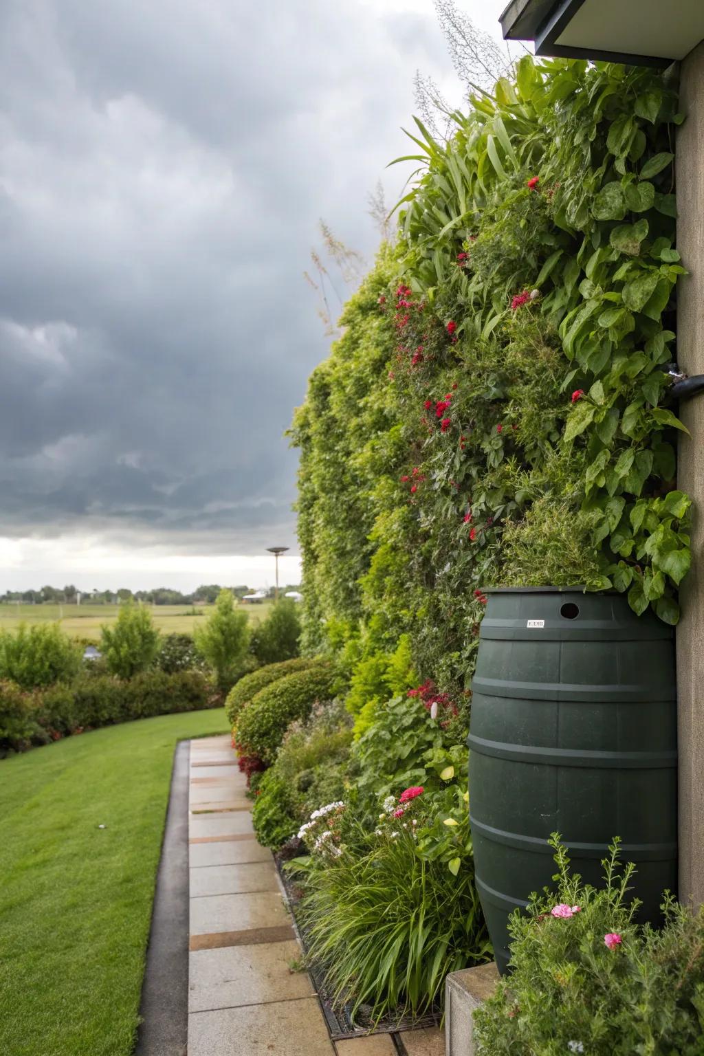 Vertical garden walls provide a green and stylish way to conceal your rain barrel.