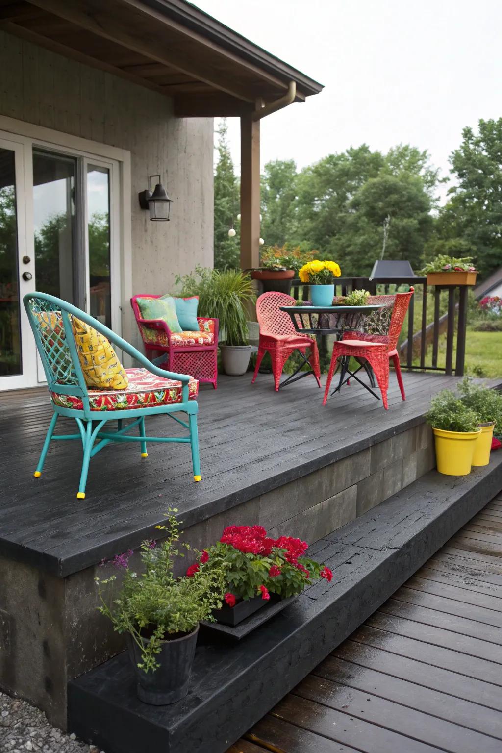 Contrasting colors create a bold statement on this raised concrete patio.