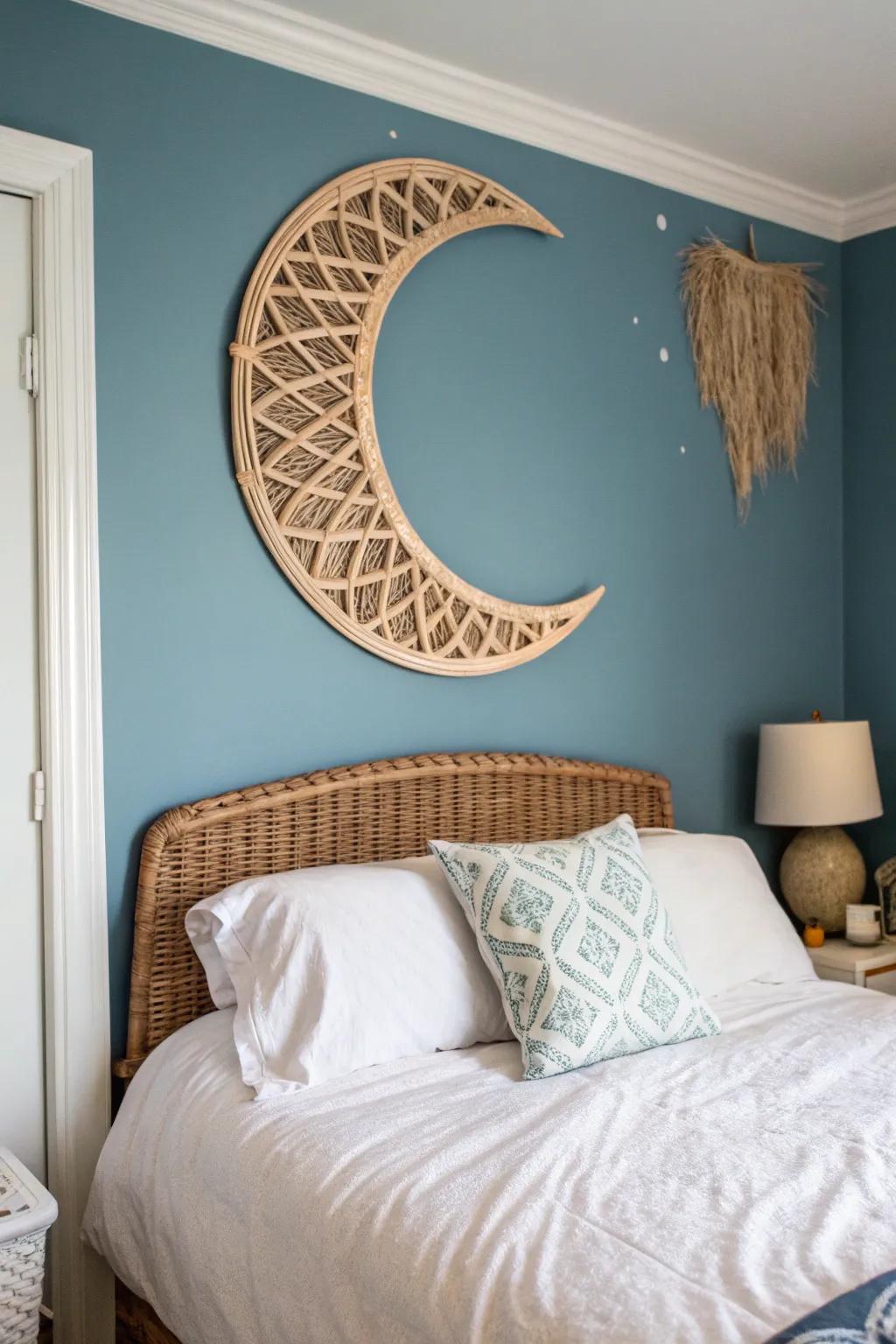 Bring whimsy to your bedroom with crescent moon rattan decor.