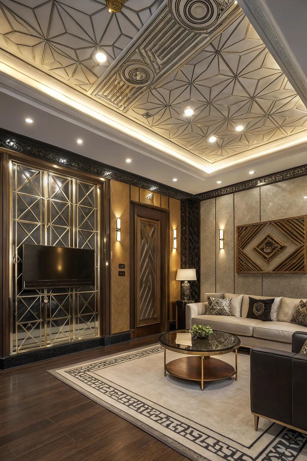 A living room with an Art Deco inspired recessed ceiling.