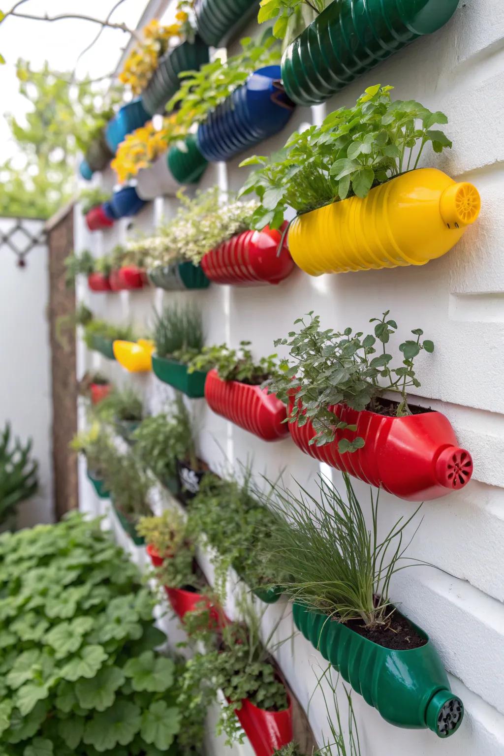 Transform your space into a lush oasis with this chic and sustainable plastic bottle vertical garden!