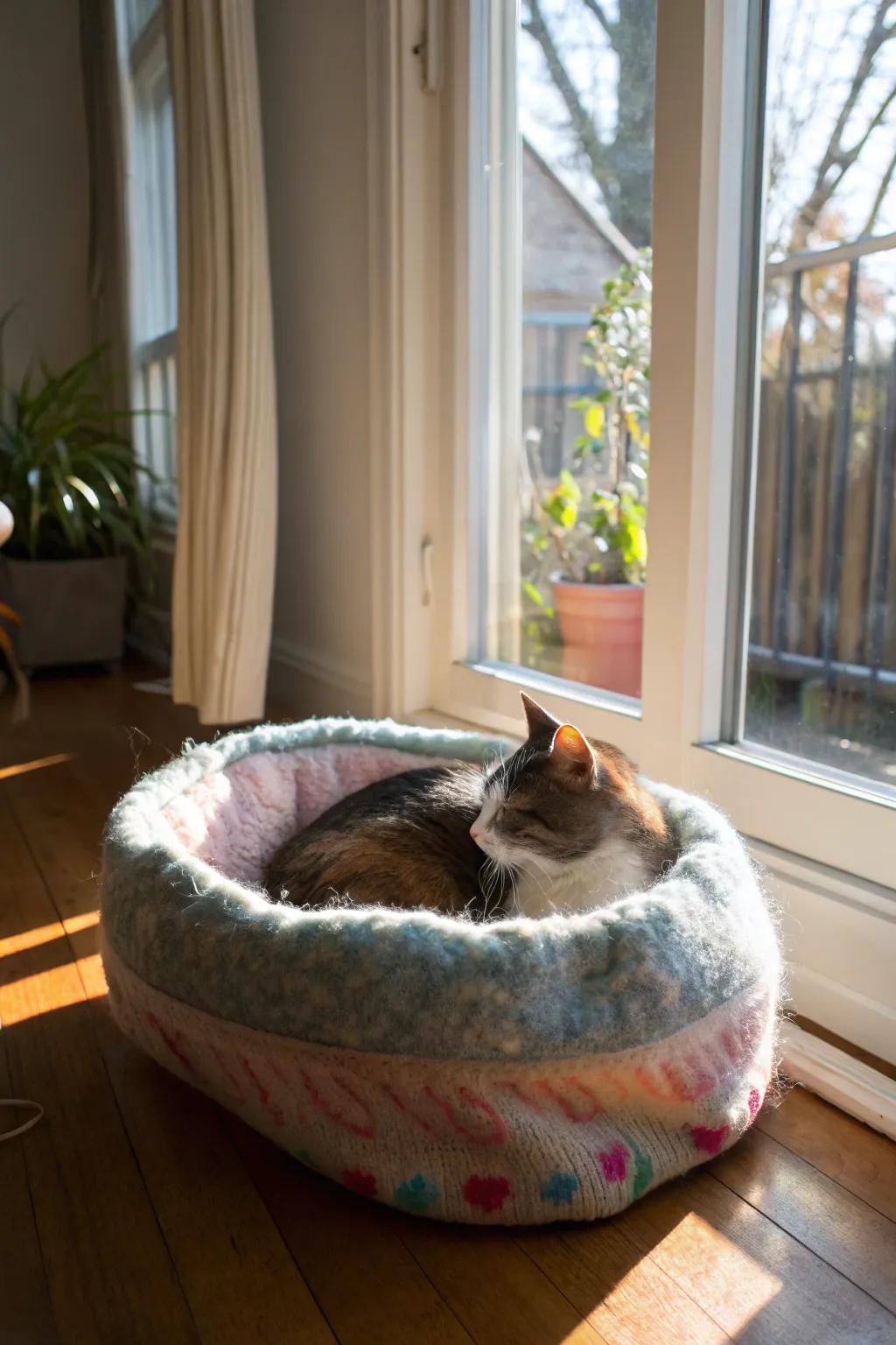 A soft cat bed crafted from an old sweater provides comfort for any pet.