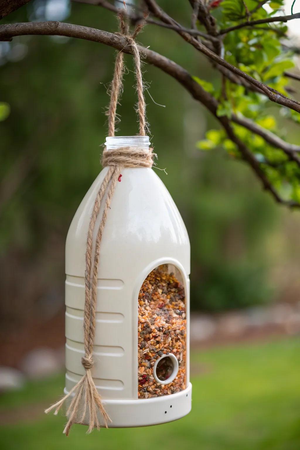 Transform a simple plastic bottle into a charming bird feeder and invite nature to your backyard.