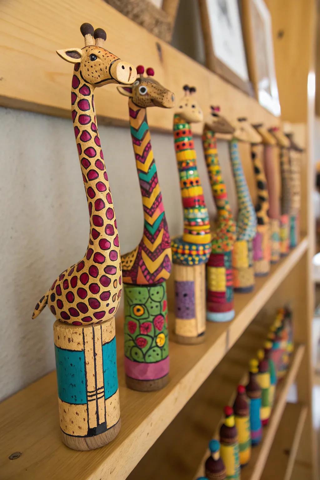 Craft a savanna of giraffes with wine corks.