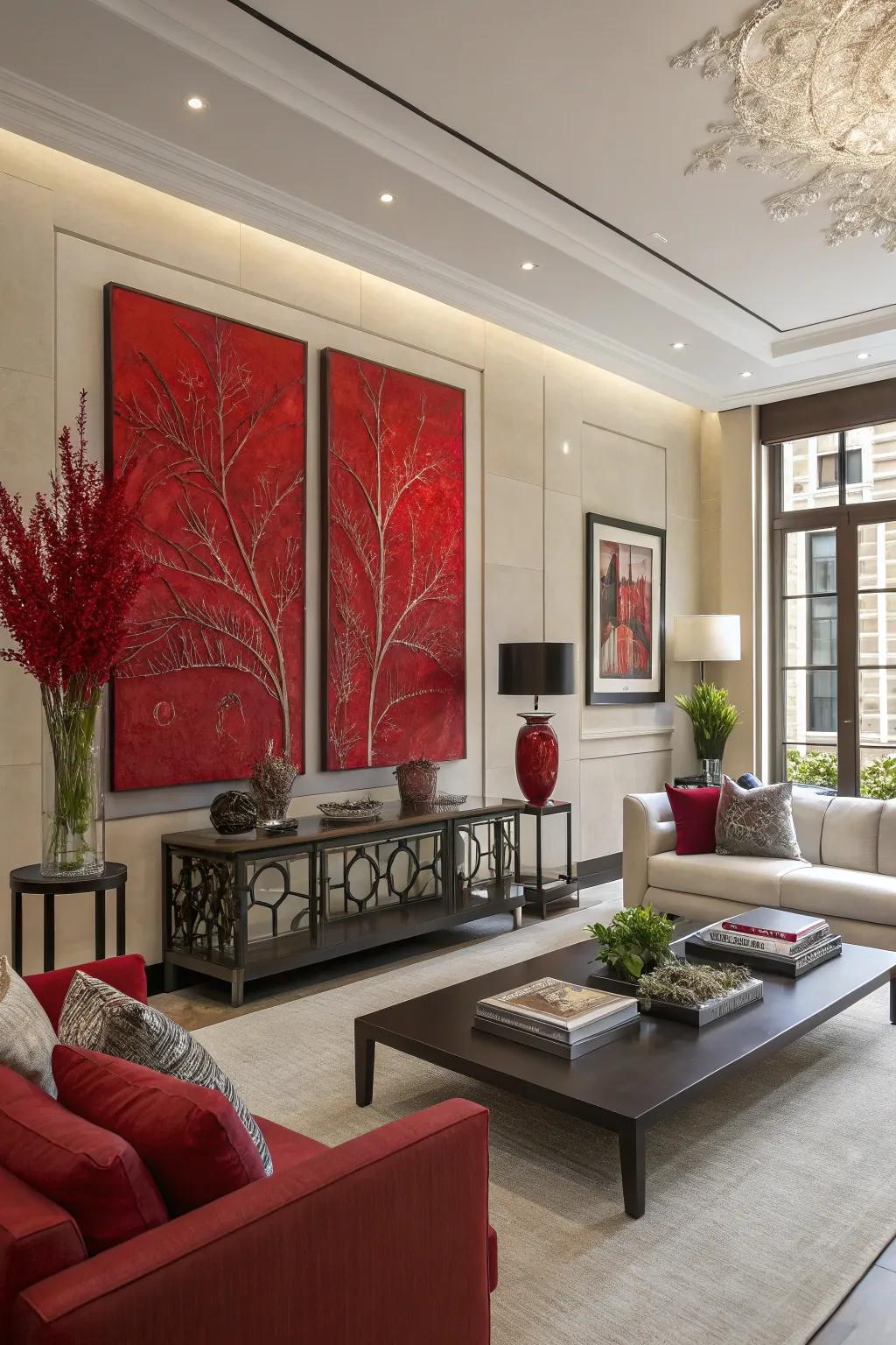 Red wall art brings color and personality to the space.