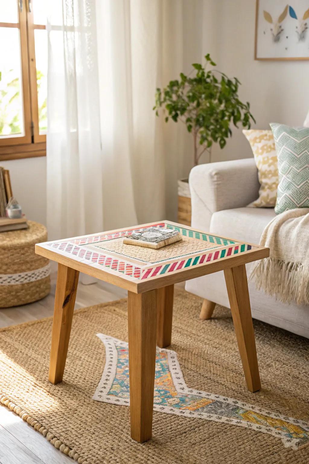 Transform your end table with colorful washi tape designs for a fresh look every season. #ScandiBoho #DIYDecor
