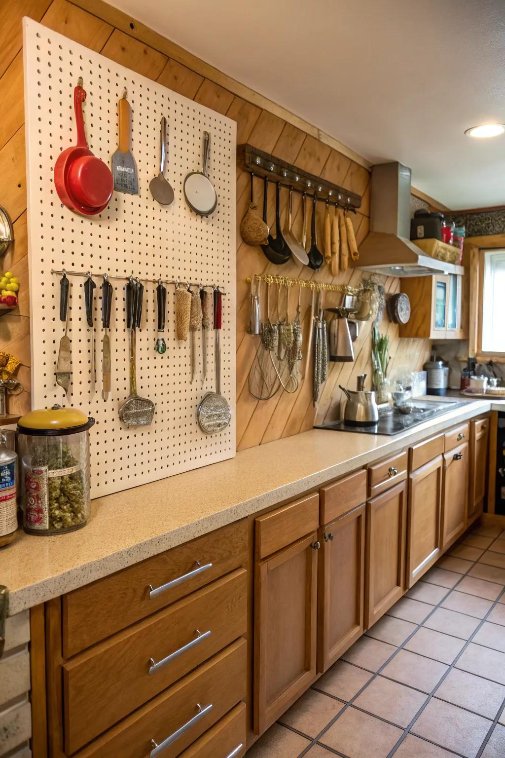 A pegboard provides practical and stylish storage in a rental kitchen.