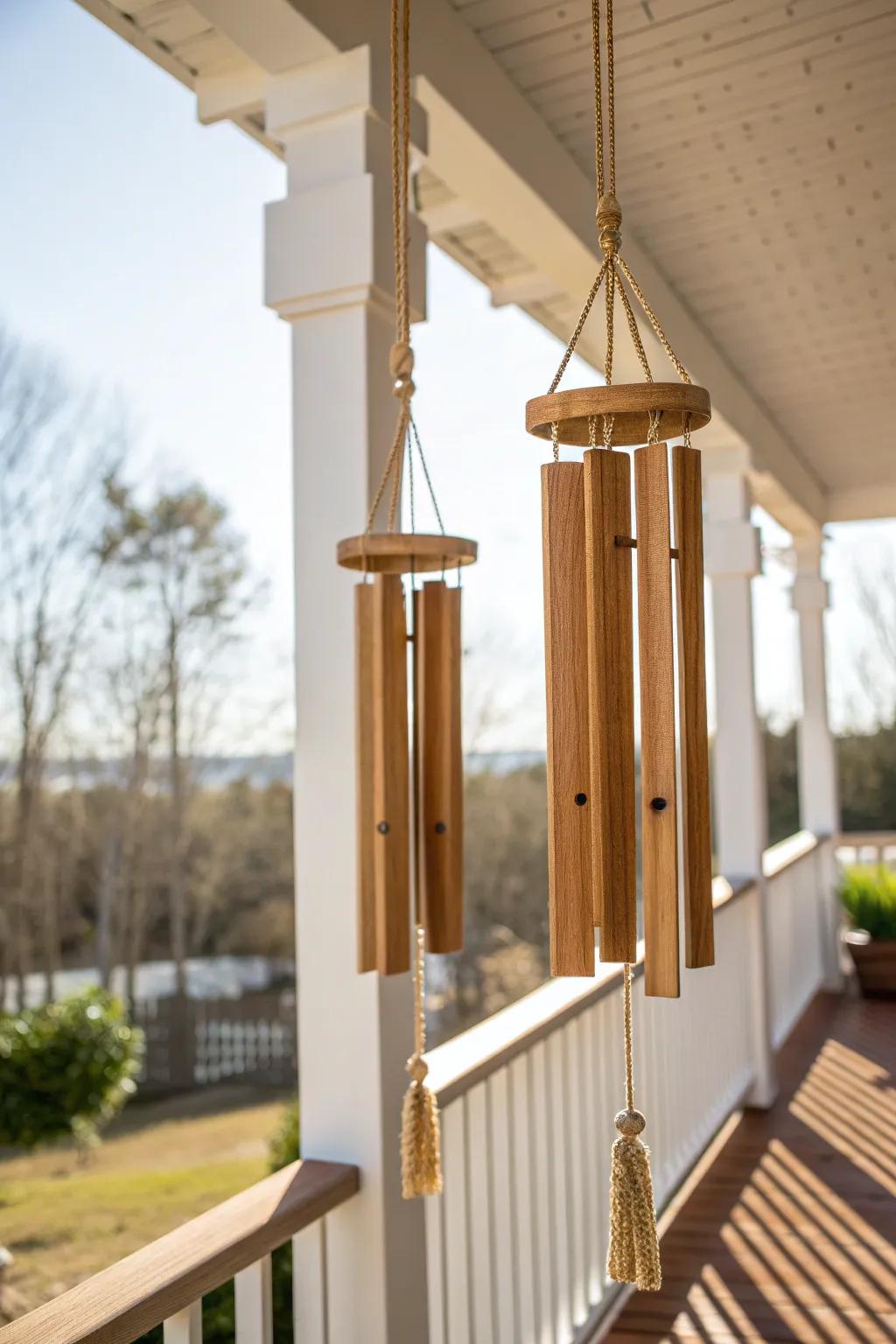 Embrace boho charm with these beautifully crafted wind chimes made from repurposed wood blinds, perfect for a serene porch setting.