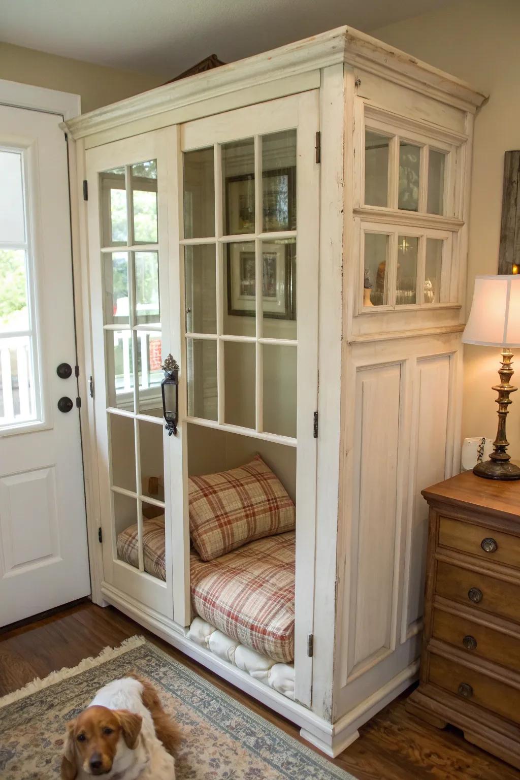 Transform elegance into comfort: A French door pet nook that blends style with coziness.
