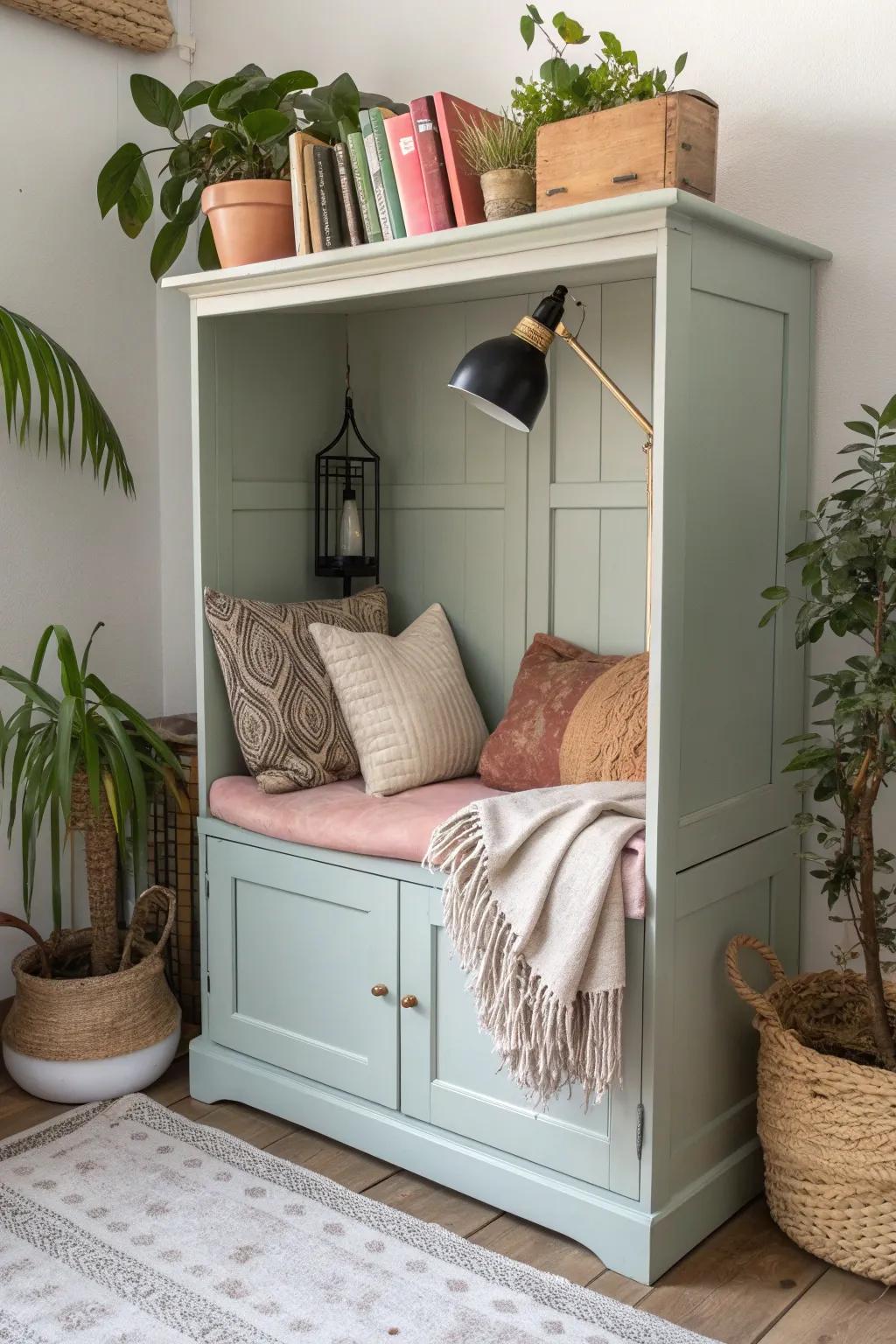 Transform your old cabinet into a charming reading haven—where simplicity meets coziness.