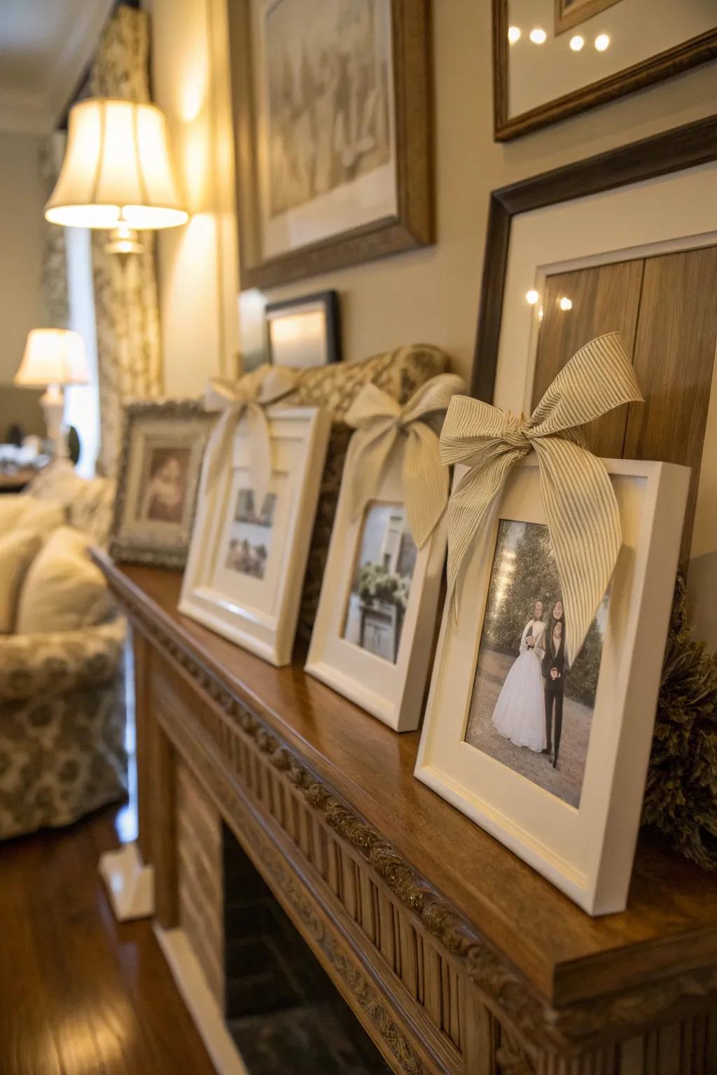 Enhance picture frames with ribbons for a subtle and sophisticated touch.