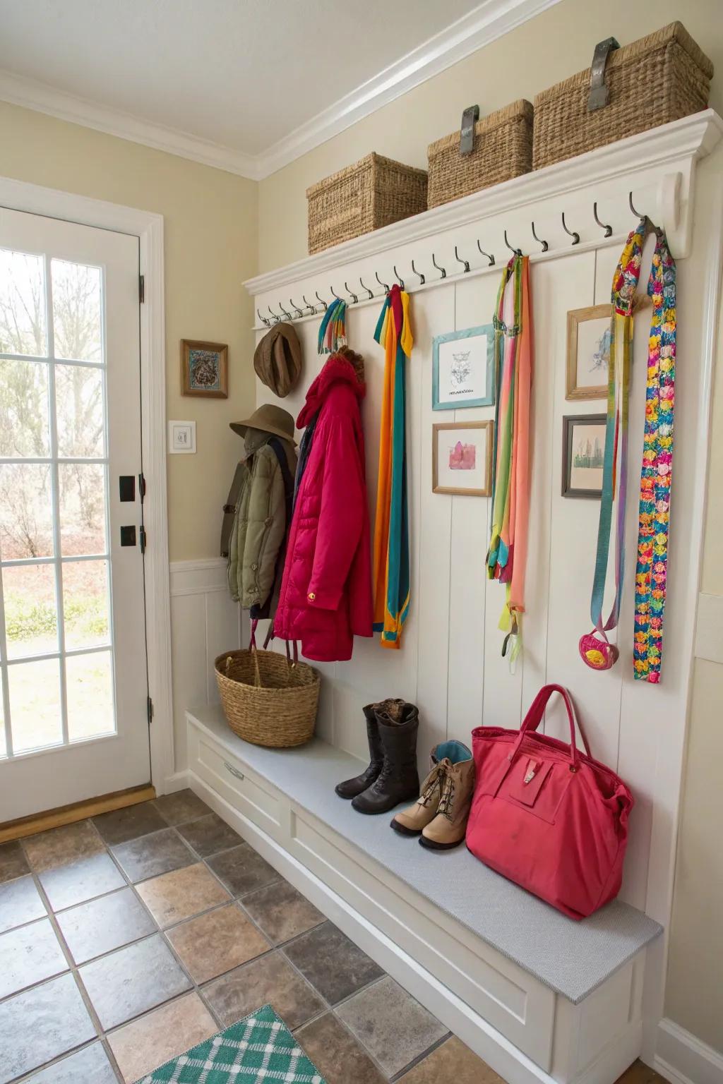 Charming ribbon-decorated wall hooks.