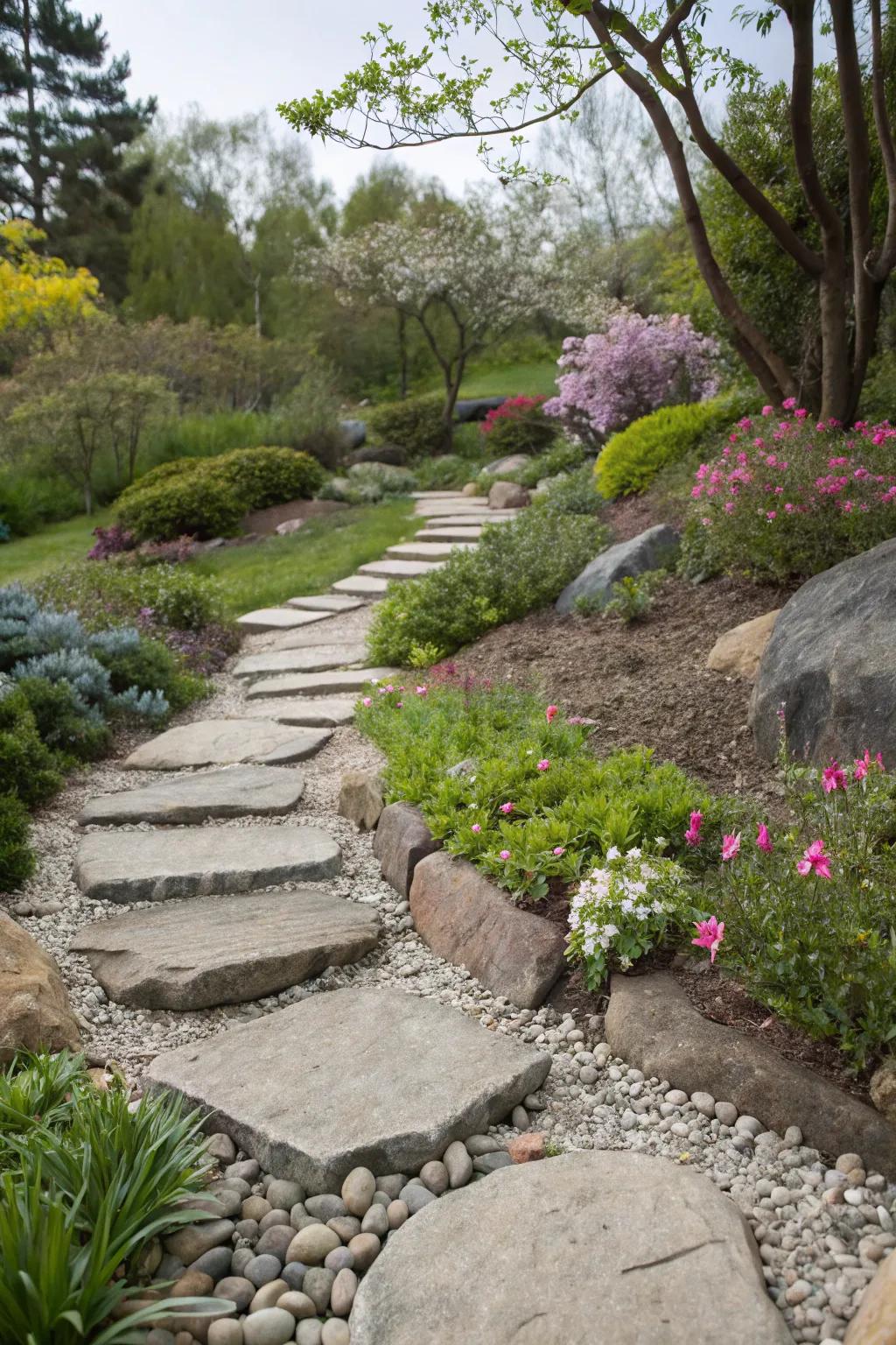 Stepping stones invite exploration in a rock garden.