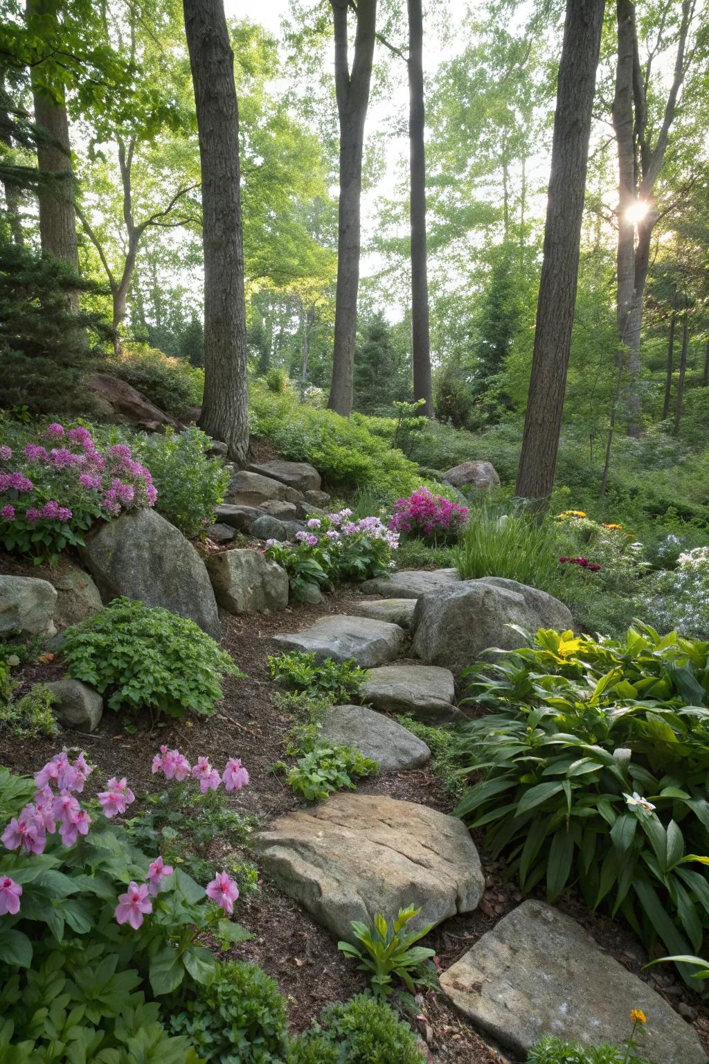 A rock and woodland garden offers a tranquil and lush natural escape.