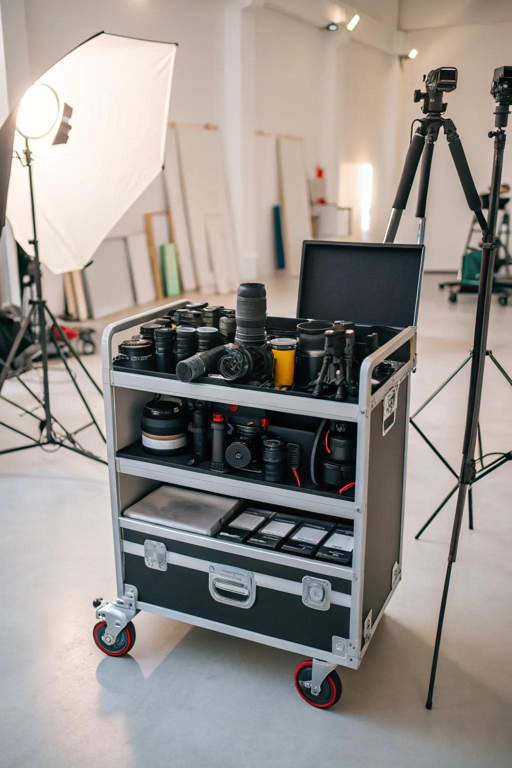 A photography gear cart for organized and mobile shoots.