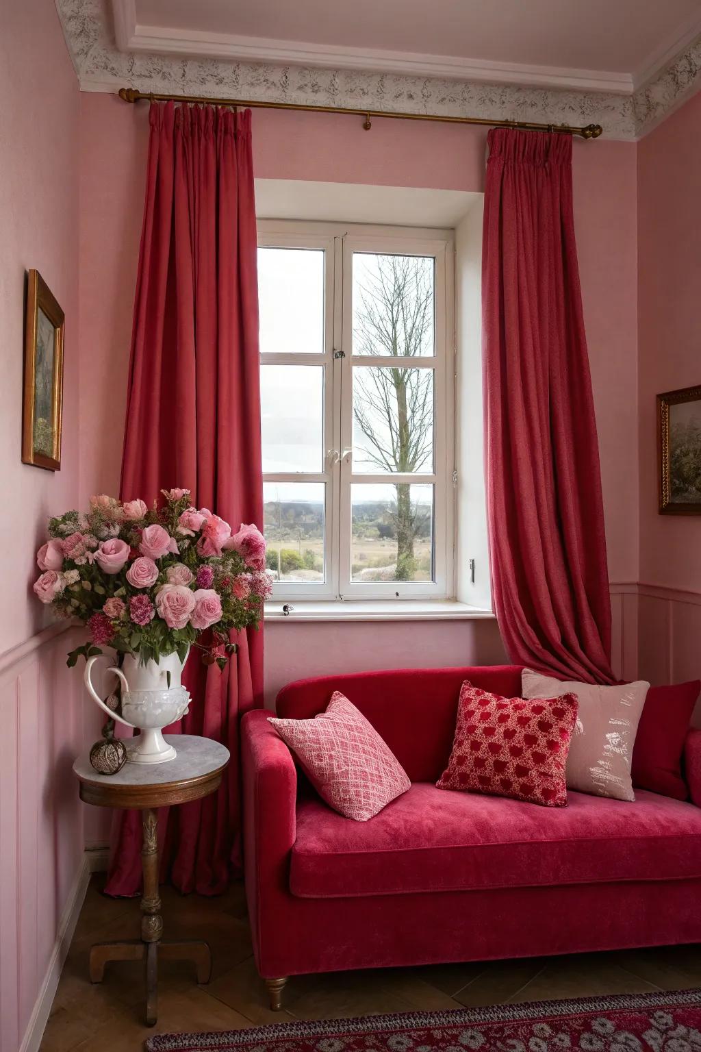 Pink and red accents create a sweet, romantic atmosphere.