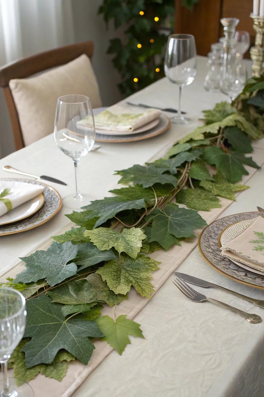 Dining table adorned with a faux leaf runner.