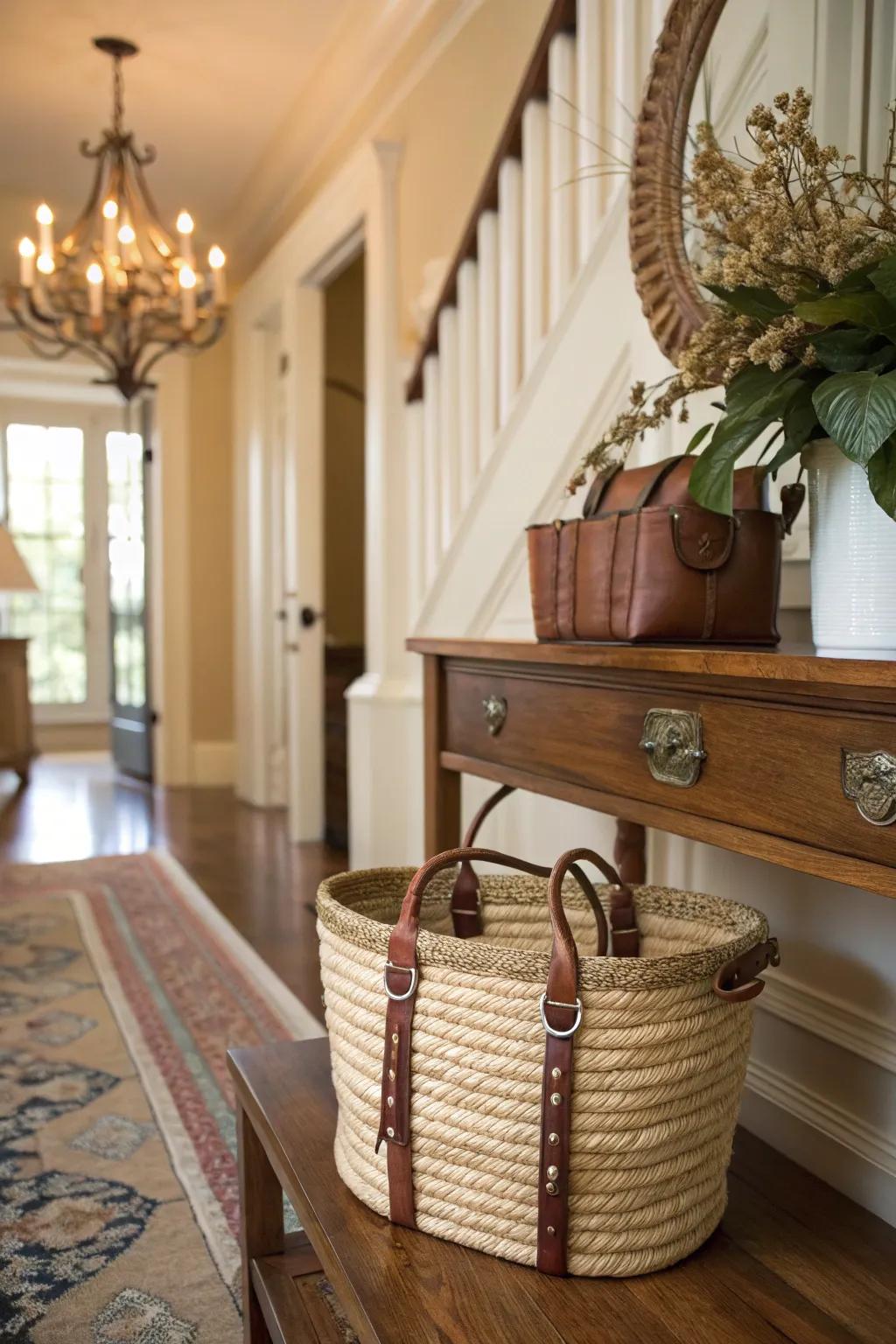 Leather accents add a touch of sophistication to rope baskets.