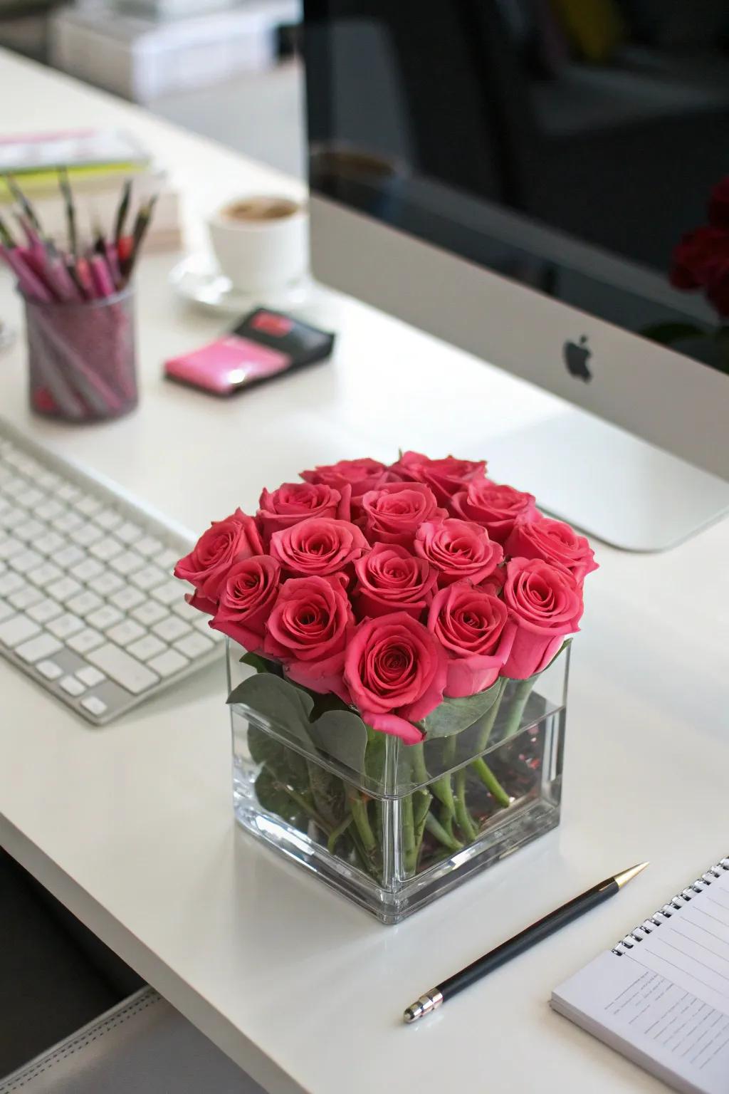 A compact cube vase offers a clean and modern look for roses.