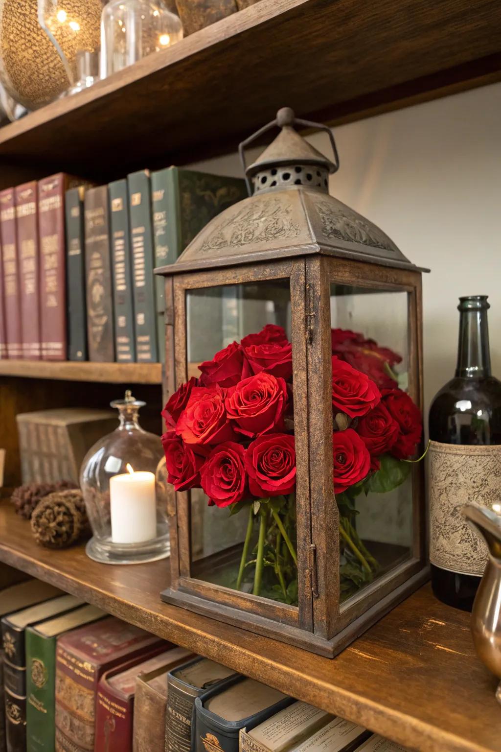 Roses in an antique lantern offer vintage charm and intrigue.