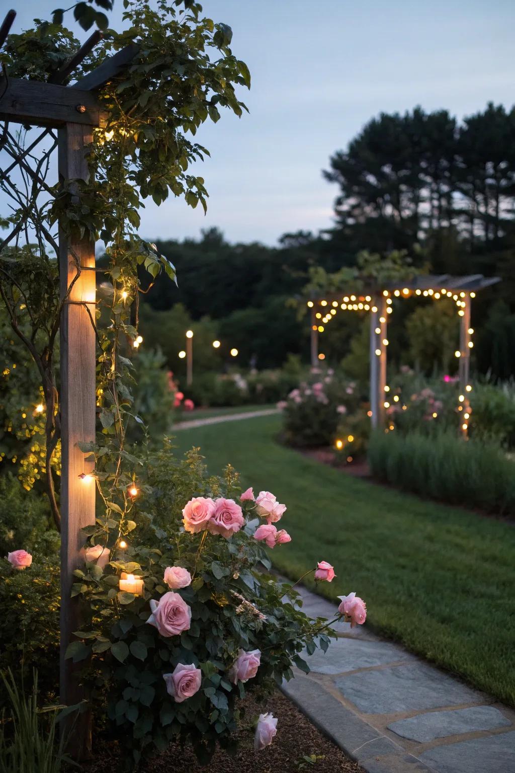 Garden lighting, adding evening enchantment to the rose garden.