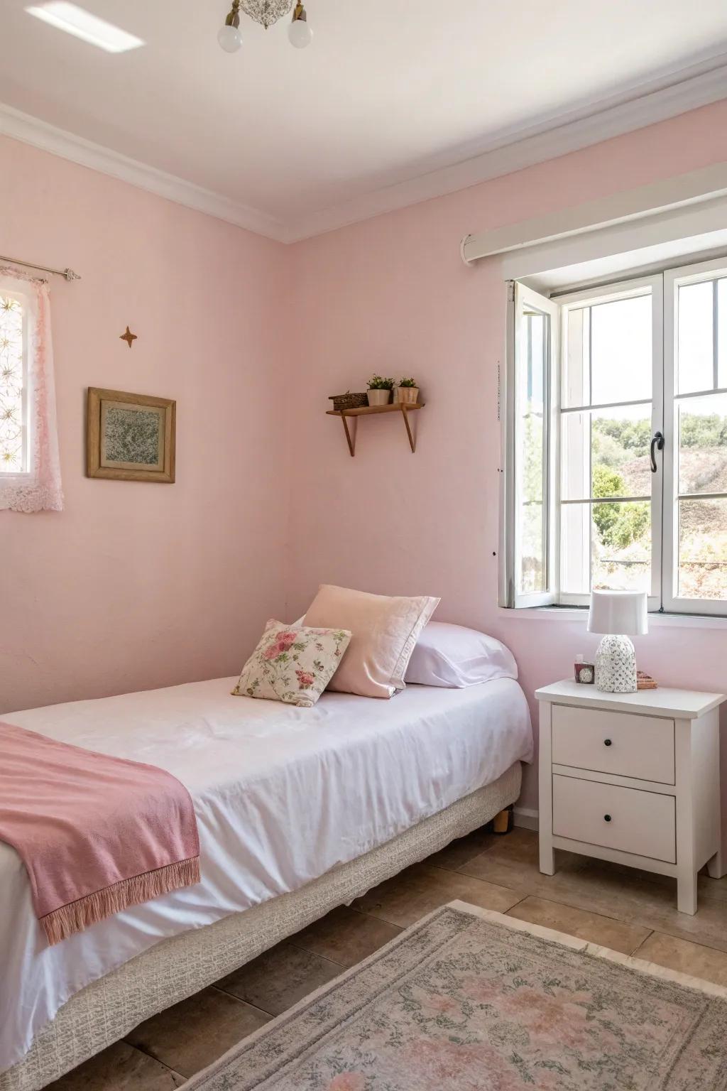 Minimalist retreat in calming pastel pink.