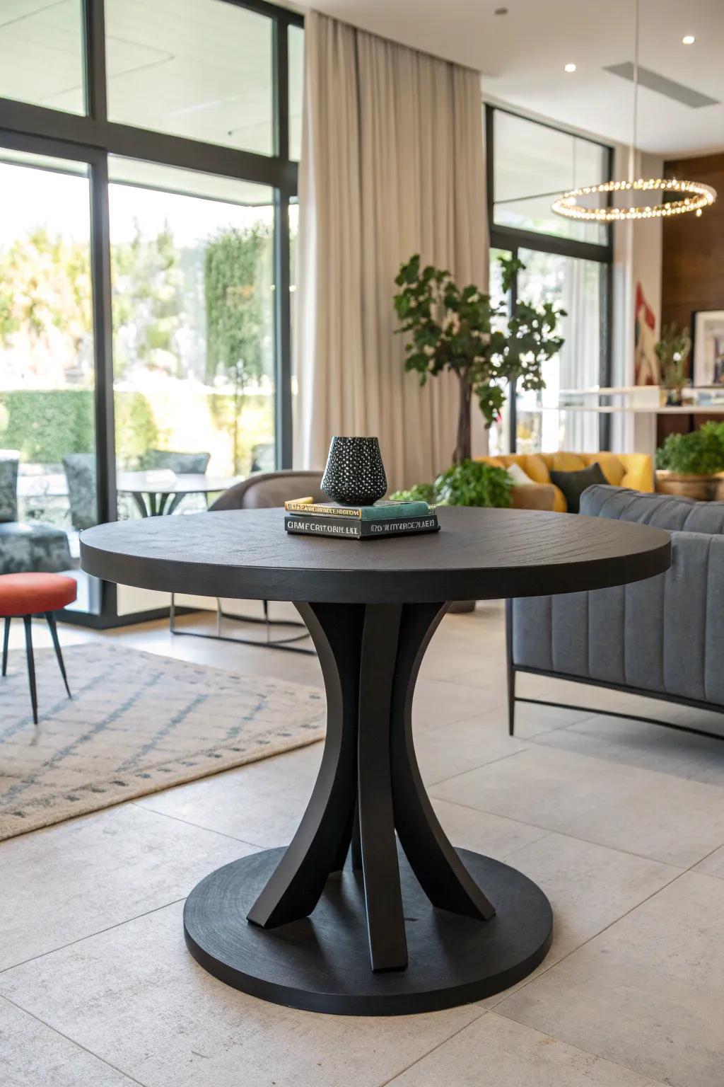 A bold black round table top makes a dramatic and sophisticated statement.