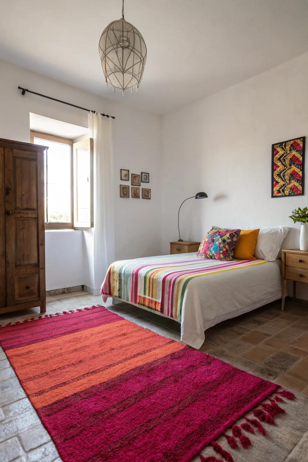 A bold, contrasting color rug becomes the focal point in a simple bedroom.