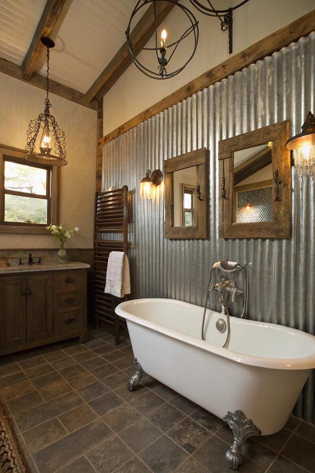 A corrugated metal feature wall serves as a stunning backdrop in this rustic bathroom.