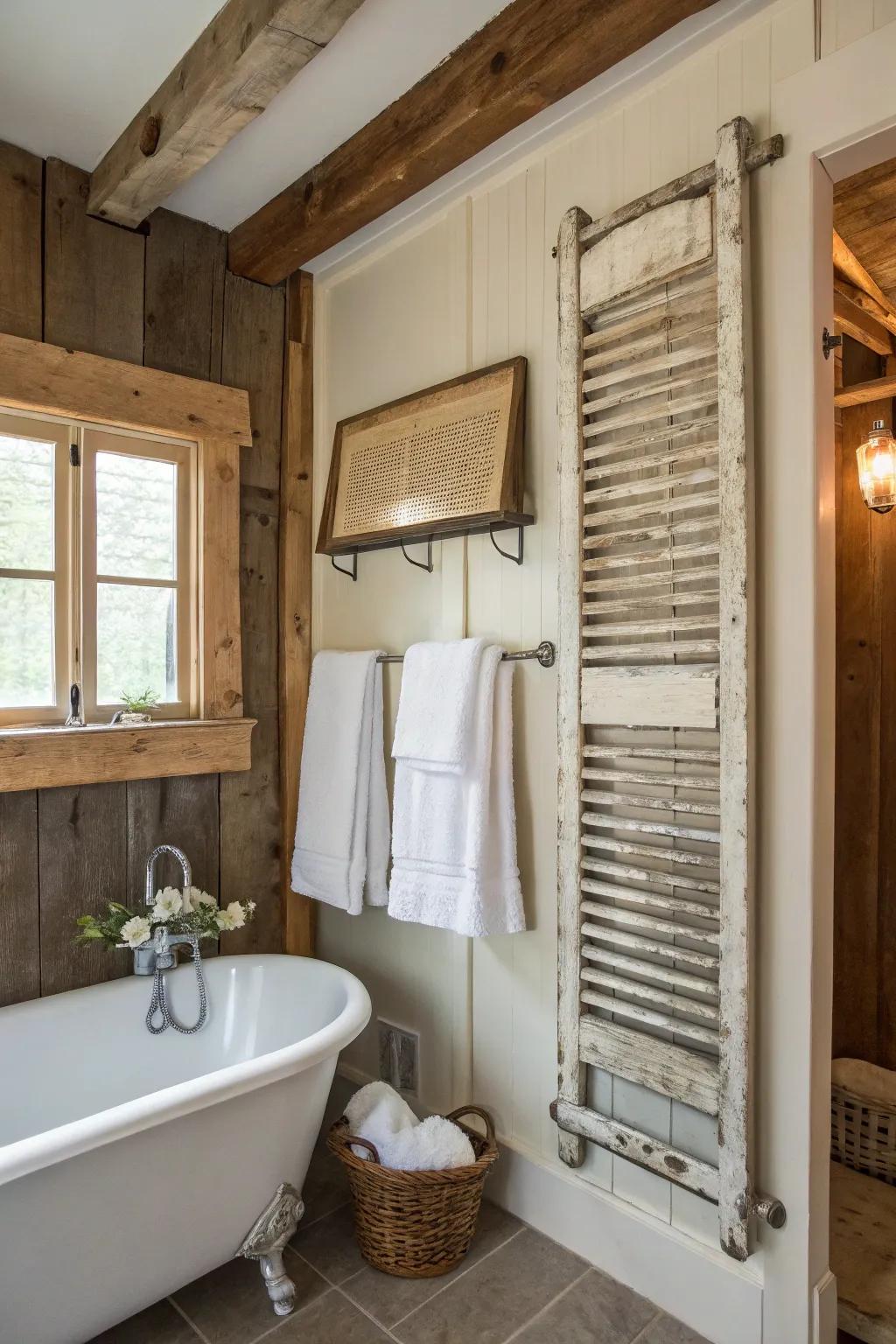 Whimsical and charming: an upcycled shutter towel rack.