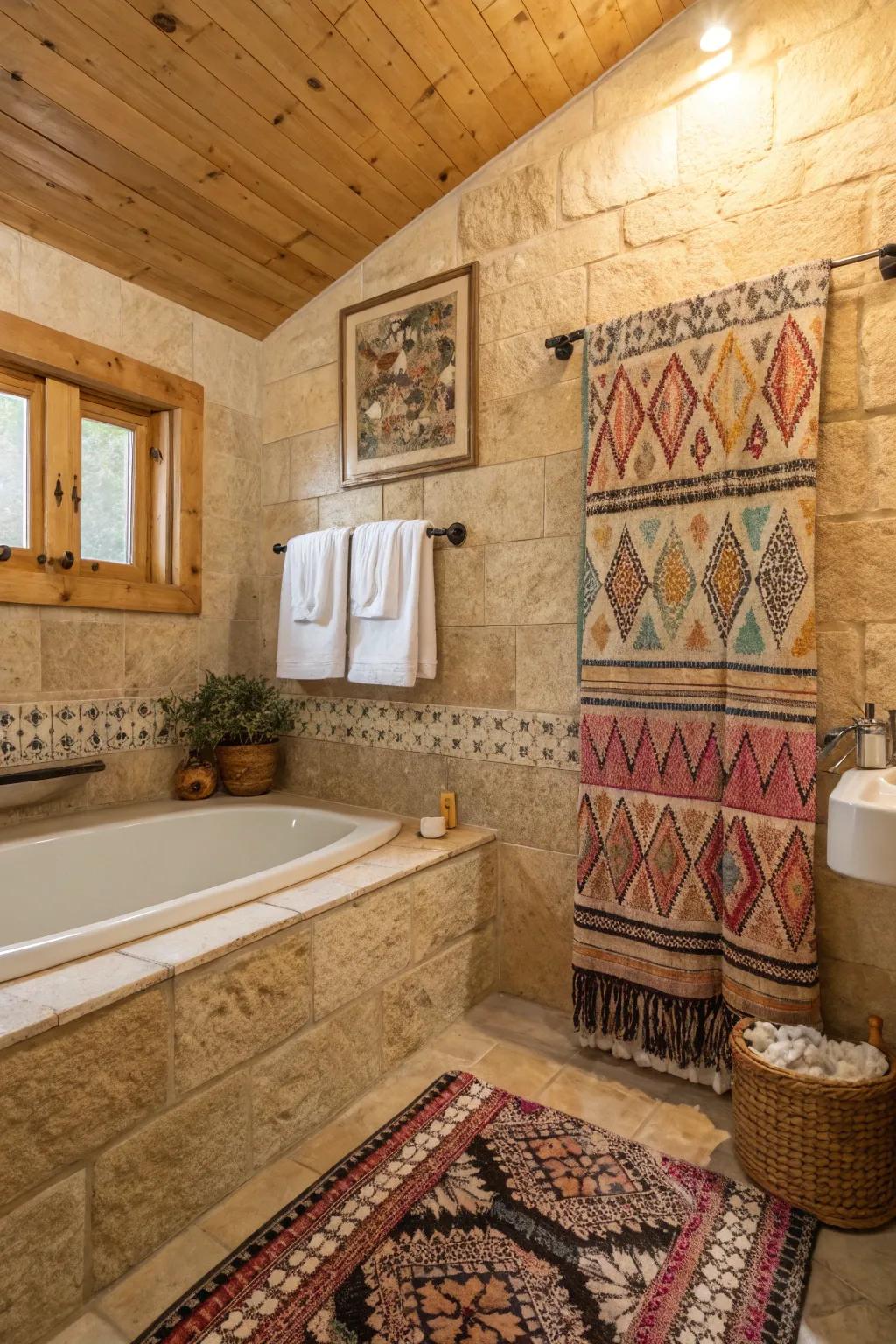 Patterned linens introduce color and interest to a travertine bathroom.