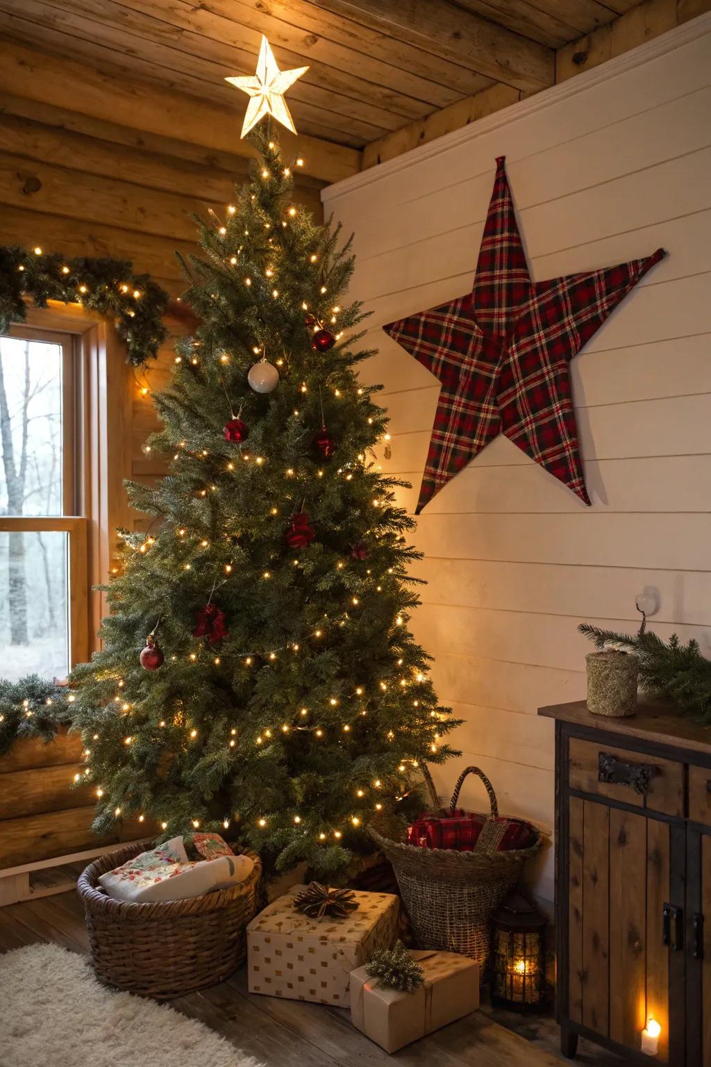 A plaid fabric star adds homespun charm to this rustic Christmas tree.