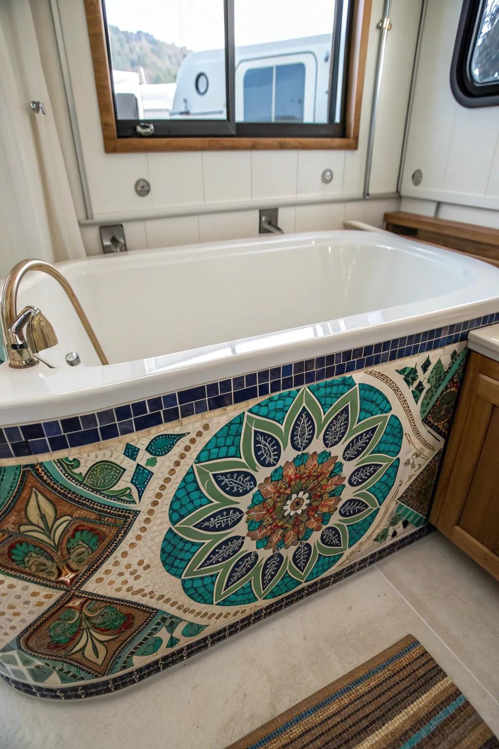 Transform your RV bathroom with a handcrafted mosaic masterpiece. #Craftsmanship #RVLiving