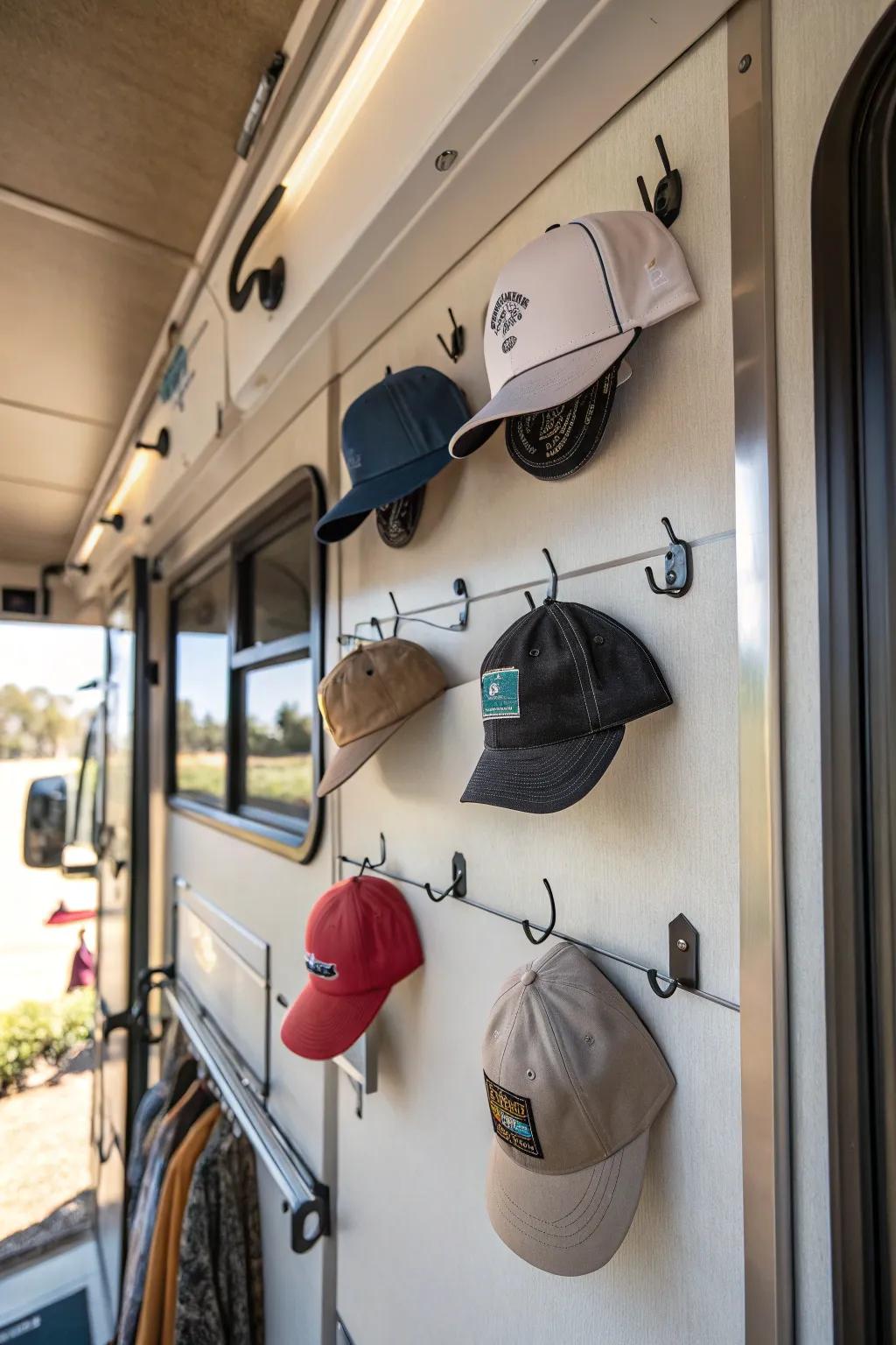 Adhesive hooks neatly display and store hats.