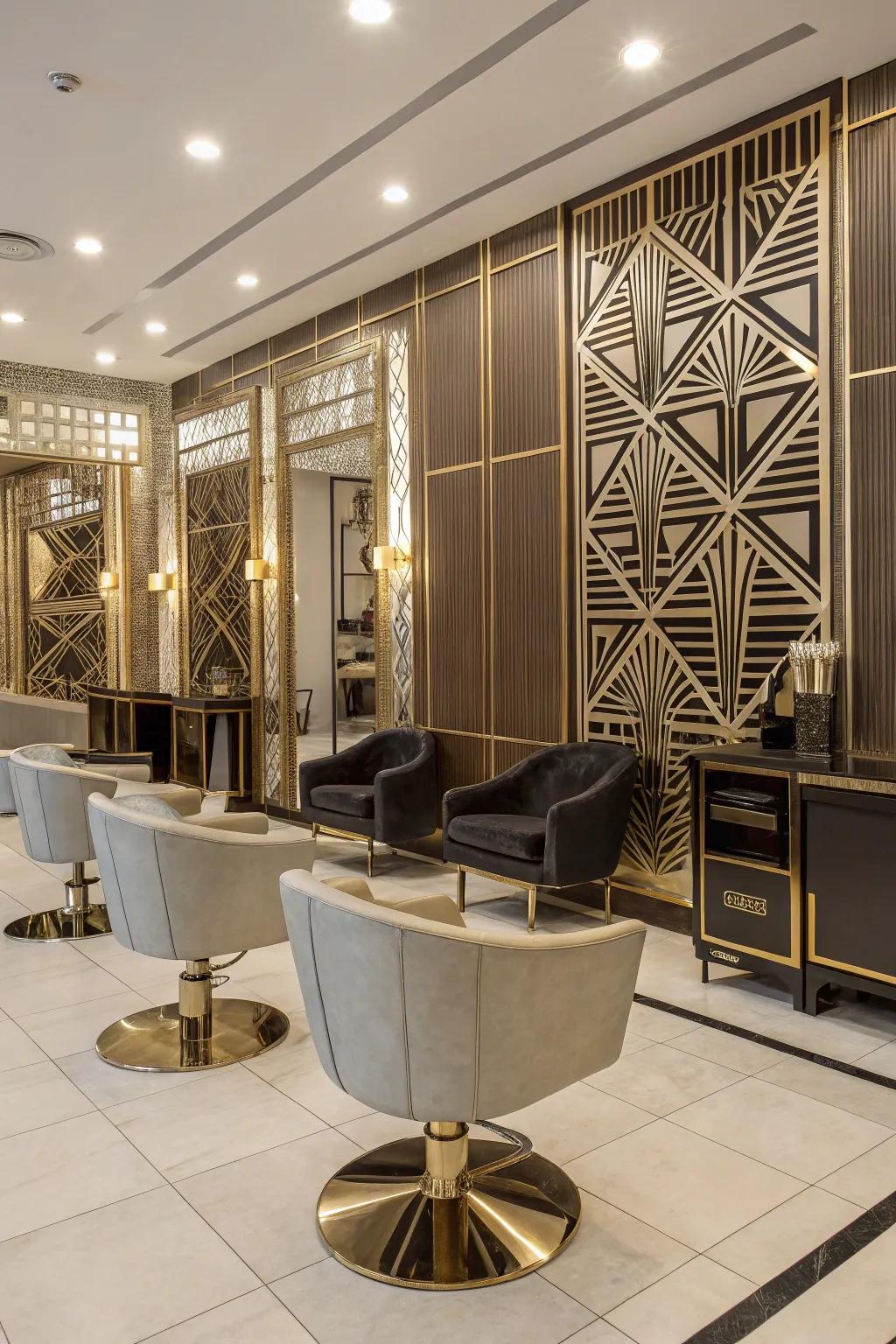 Art Deco delight brings excitement to the salon waiting area.