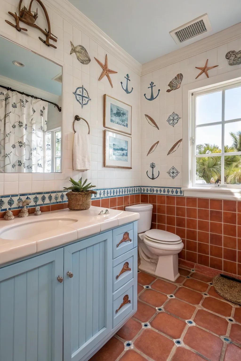 A coastal-themed bathroom featuring Saltillo tile flooring and nautical details.